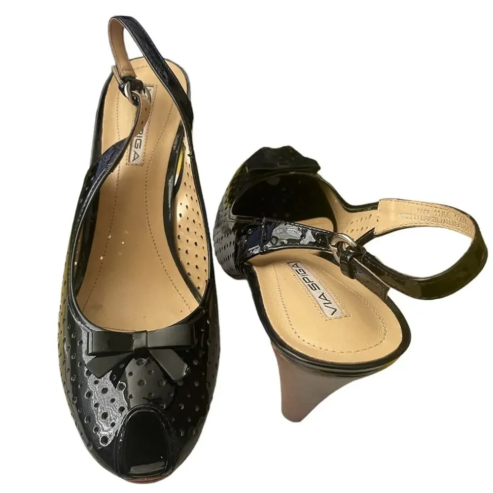 Via Spiga Sling Back Heels 9.5 Classic Perforated Leather Bow Peep Toe Black - Picture 2 of 9